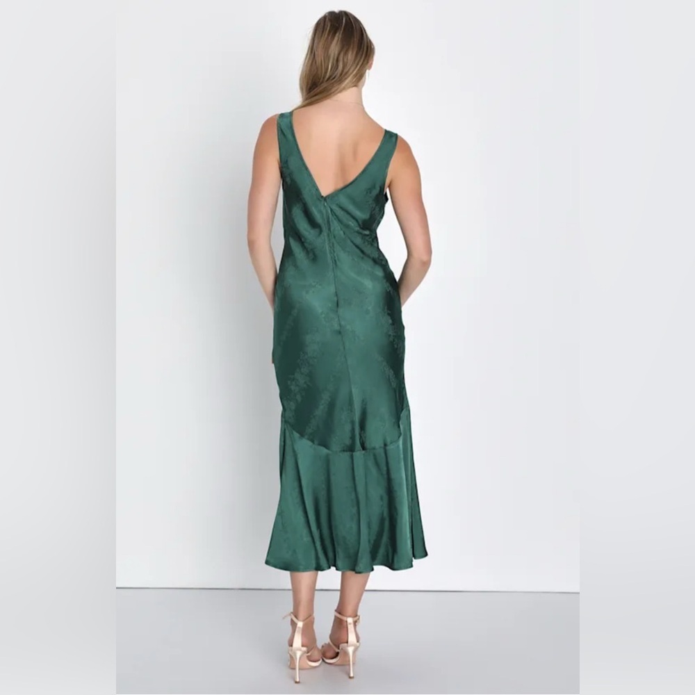 Lulus Exceptional Ideal Emerald Green Satin Jacquard Midi Dress - Picture 2 of 8